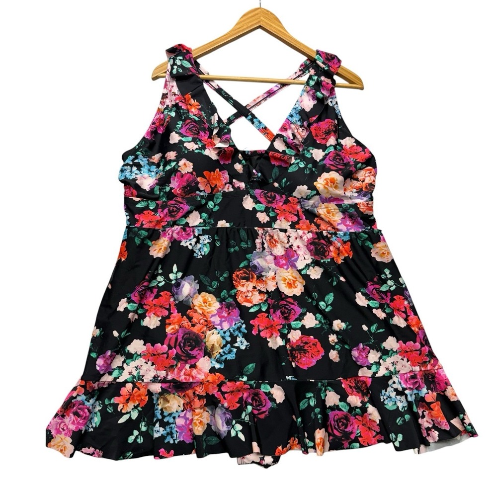 Torrid Womens Swim Dress 4 Black Floral Swimsuit Ruffle Tiered Strappy